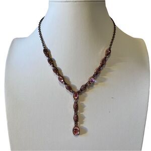 Beautiful Antique Looking Drop Down Pink & Iridescent Crystal Necklace.